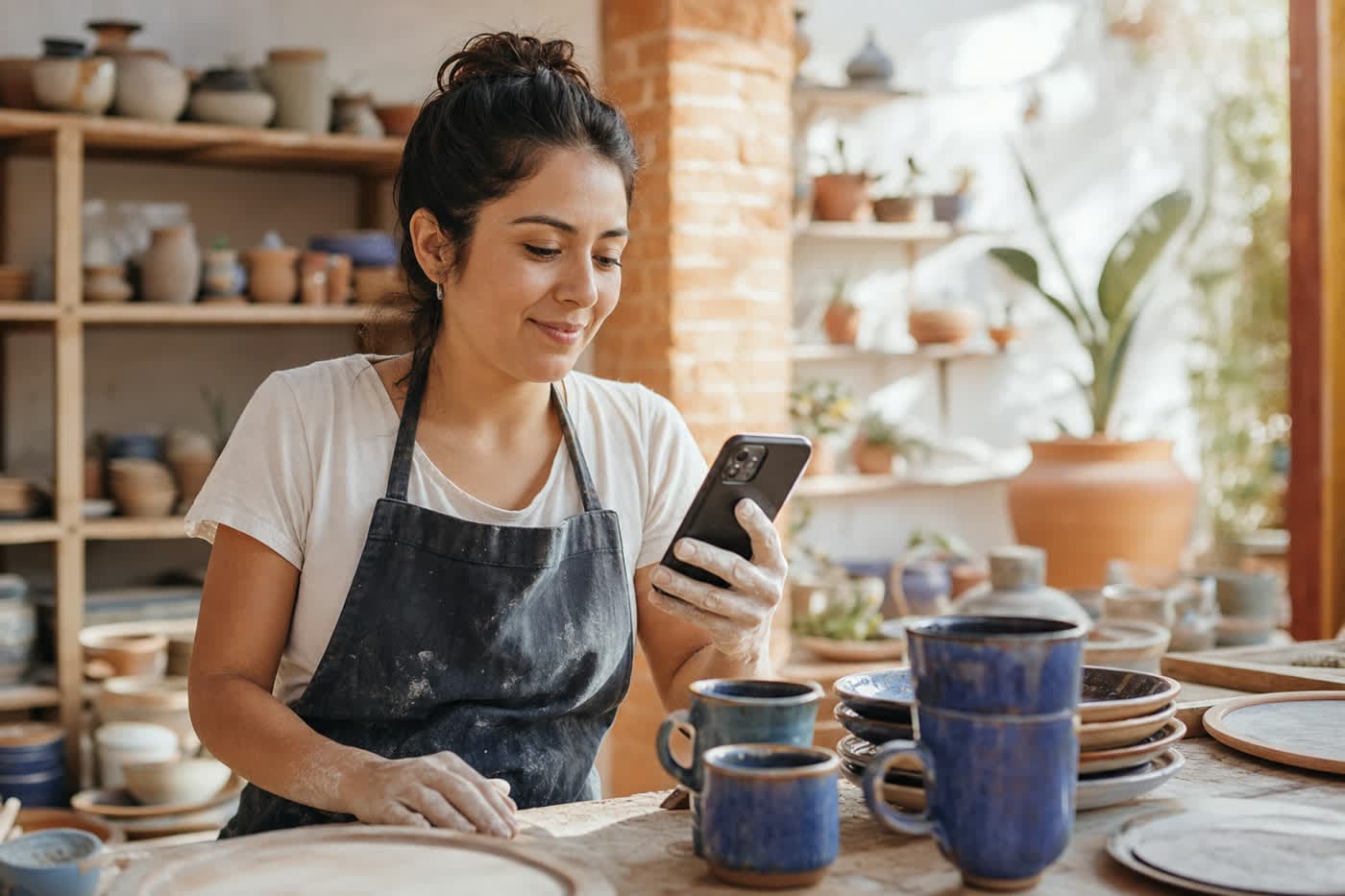 Ceramista mexicana revisando un pedido en su teléfono junto a tazas de cerámica artesanal